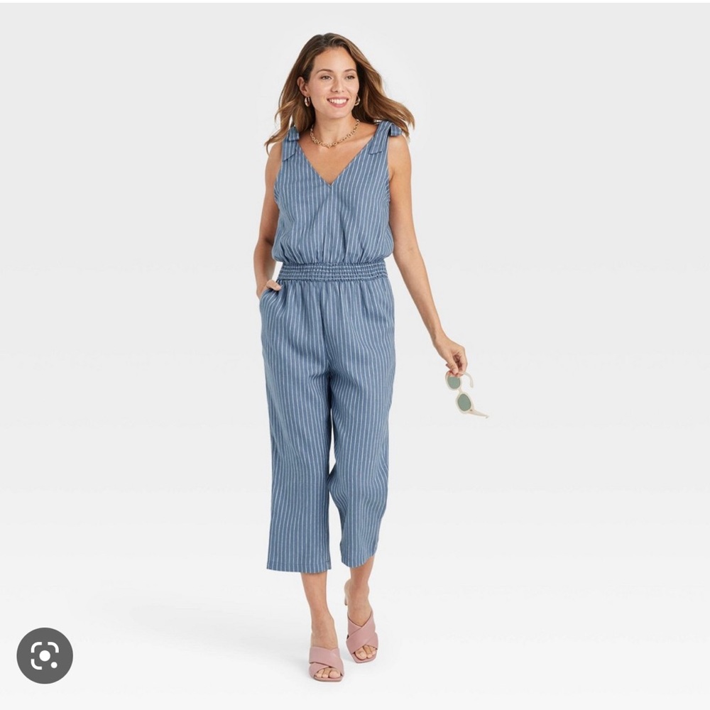 A New Day Tie Shoulder Jumper Blue and White Stripe Rayon Linen -Size M NWT
